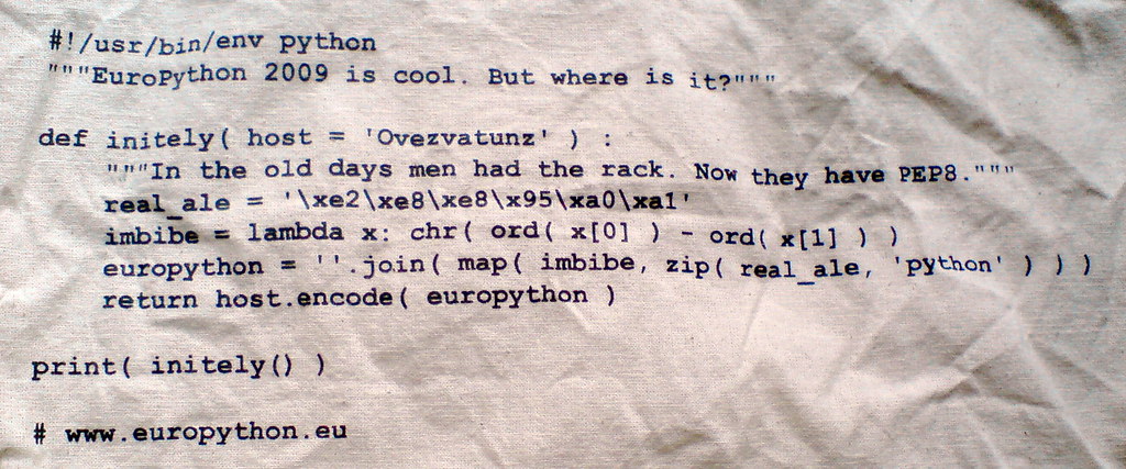 Figure 1: Code on the Europython 2009 bag” by Thomas Guest is licensed with CC BY 2.0. To view a copy of this license, visit https://creativecommons.org/licenses/by/2.0/