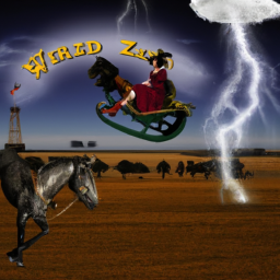 Figure 1: ChatGPT rendering of “Make an image of Dorothy Gale of Kanasas riding a bucking bronco with the wicked witch flying on her broom in the background and a tornado behind that” by ChatGPT and George Jones is licensed under ????