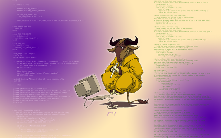 Figure 1: The Enlightened GNU “Levitating GNU with Emacs source code” by Macduff is licensed under GPL 2.0